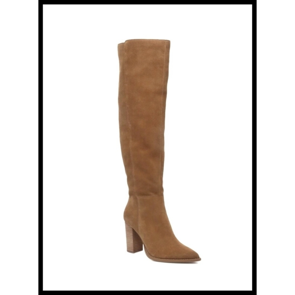 NEW Vince Camuto Entaia Boots Oiled Suede Leather Stack Heel Tan Brown 10 NEW